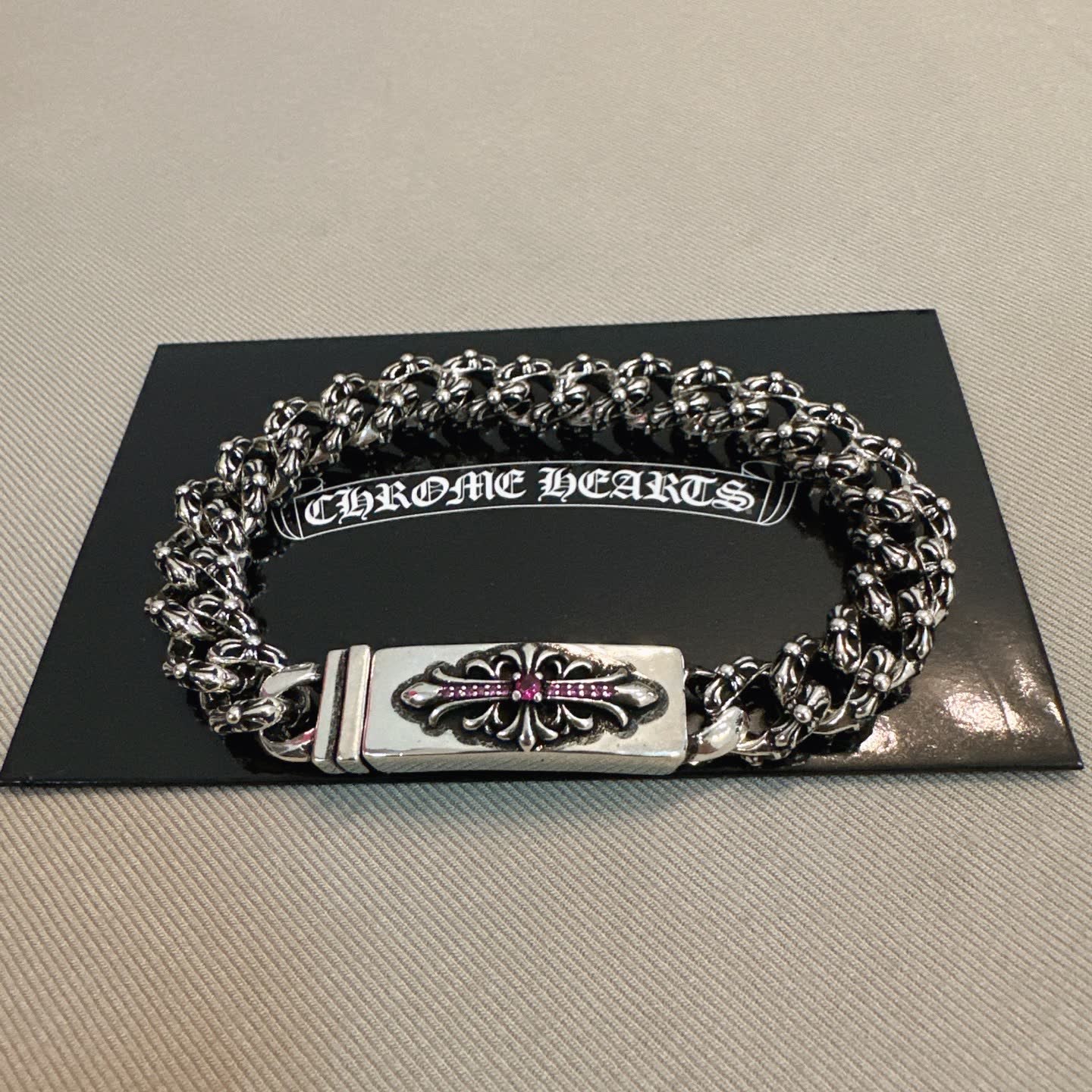 Chrome Hearts Silver Bracelet with Pink Crystal Cross Clasp